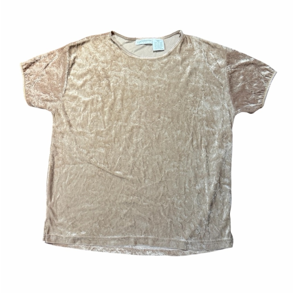 Liz Claiborne Crushed Velvet Short Sleeve Top — Champagne Taupe — Size M